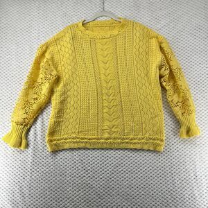 Crochet Knit Sweater Yellow Lace Sleeve Pullover Lightweight‎ Top Size S